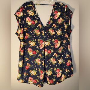 DR2 Navy Floral V-Neck Short Sleeve Blouse Large #724